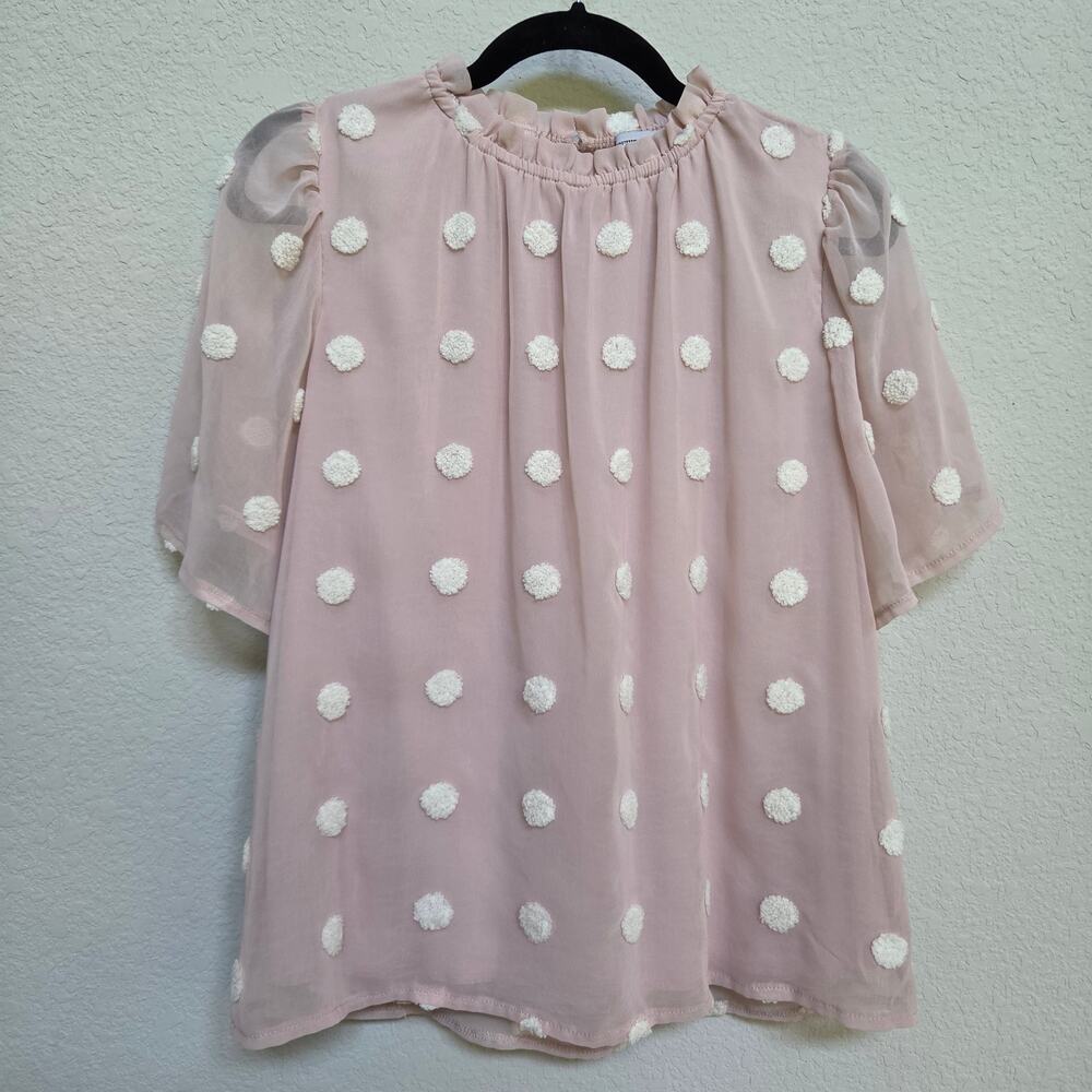 Yuni Los Angeles Blouse Size M / L Pink Textured Polka Dot Sheer Ruffle Neck Top